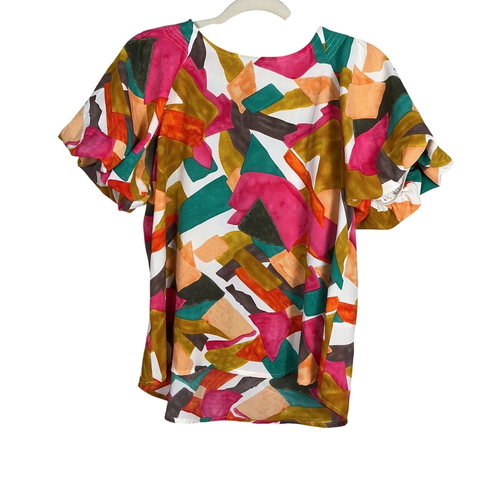 Jodifl Women Multi Color Geometric Abstract Print Puff Sleeve Blouse Small